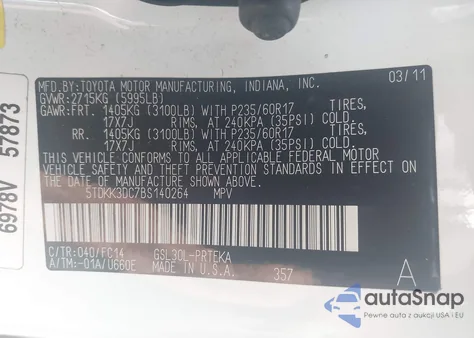 2011 Toyota Sienna Le z USA, uszkodzony, nr VIN 5TDKK3DC7BS140264